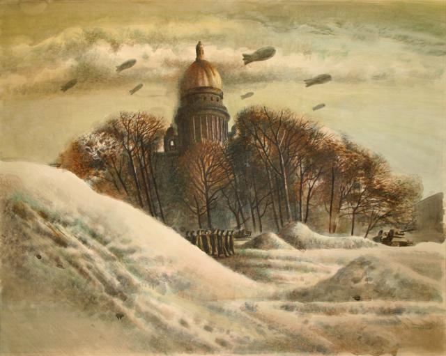 Яхнин О.Ю.  У Исаакиевского собора. Из серии «Ленинград. Зима 1942 года». 1984 